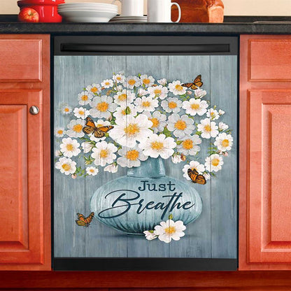 Just Breathe Apricot Blossom Monarch Butterfly Flower Dishwasher Cover, Christian Dishwasher Wrap, Bible Verse Kitchen Decoration