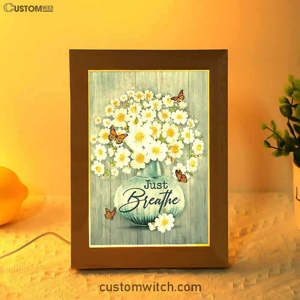 Just Breathe Apricot Blossom Monarch Butterfly Flower Frame Lamp Art - Christian Night Light - Bible Verse Wooden Lamp