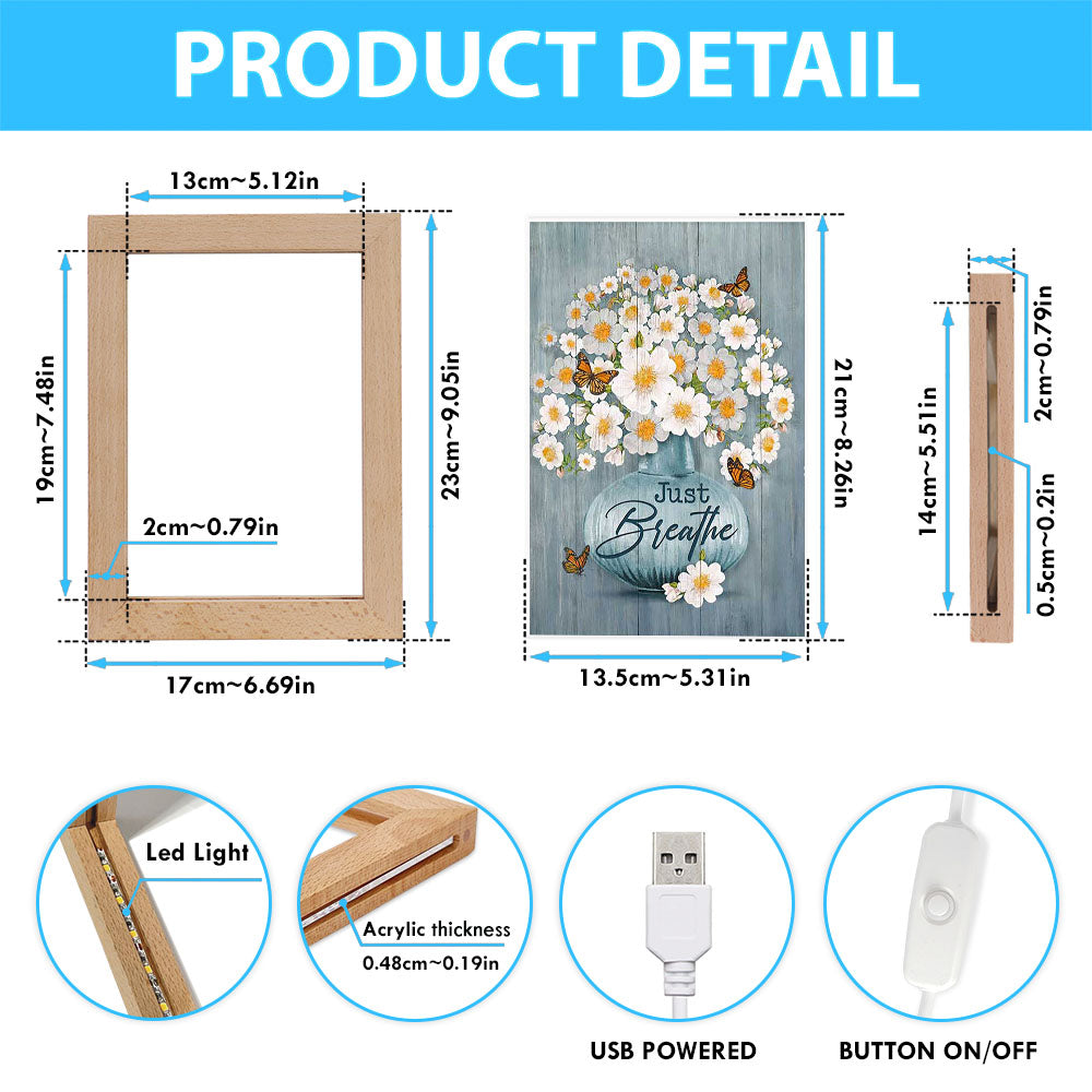 Just Breathe Apricot Blossom Monarch Butterfly Flower Frame Lamp Art - Christian Night Light - Bible Verse Wooden Lamp
