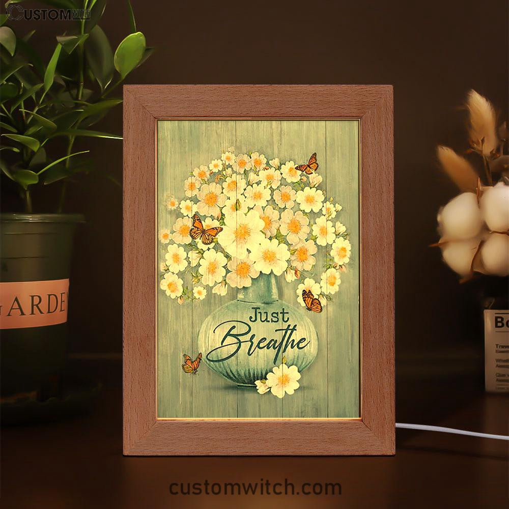 Just Breathe Apricot Blossom Monarch Butterfly Flower Frame Lamp Art - Christian Night Light - Bible Verse Wooden Lamp