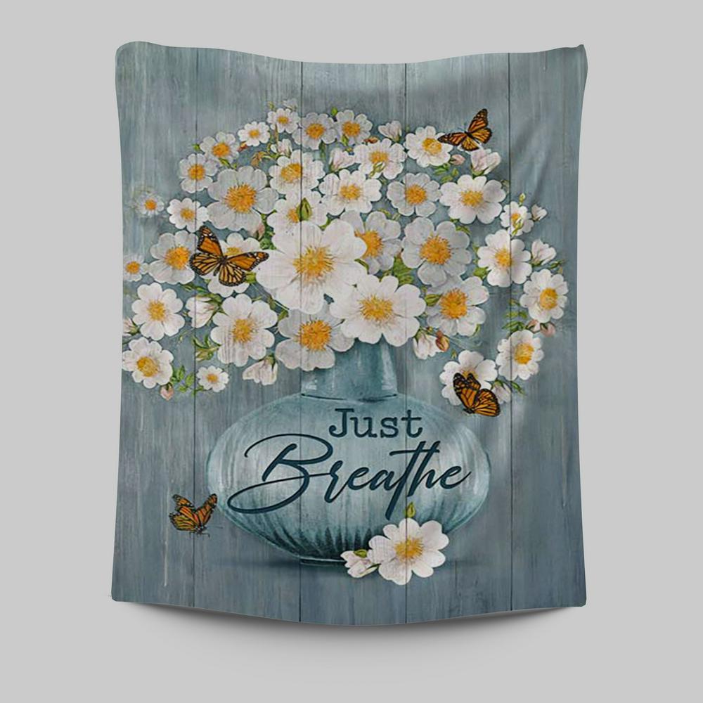 Just Breathe Apricot Blossom Monarch Butterfly Flower Tapestry Wall Art - Christian Tapestries Prints - Bible Verse Tapestry Art