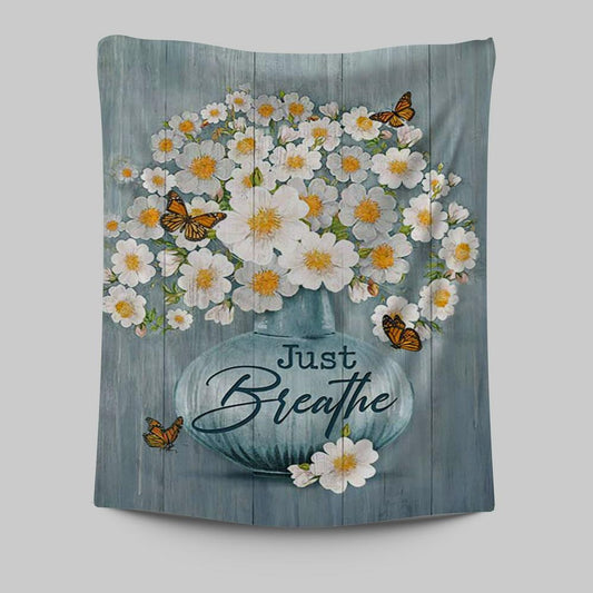 Just Breathe Apricot Blossom Monarch Butterfly Flower Tapestry Wall Art - Christian Tapestries Prints - Bible Verse Tapestry Art