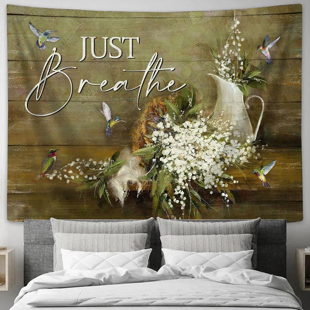 Just Breathe Baby Flower Hummingbird Tapestry Wall Art - Bible Verse Tapestry - Religious Tapestry Wall Hanging