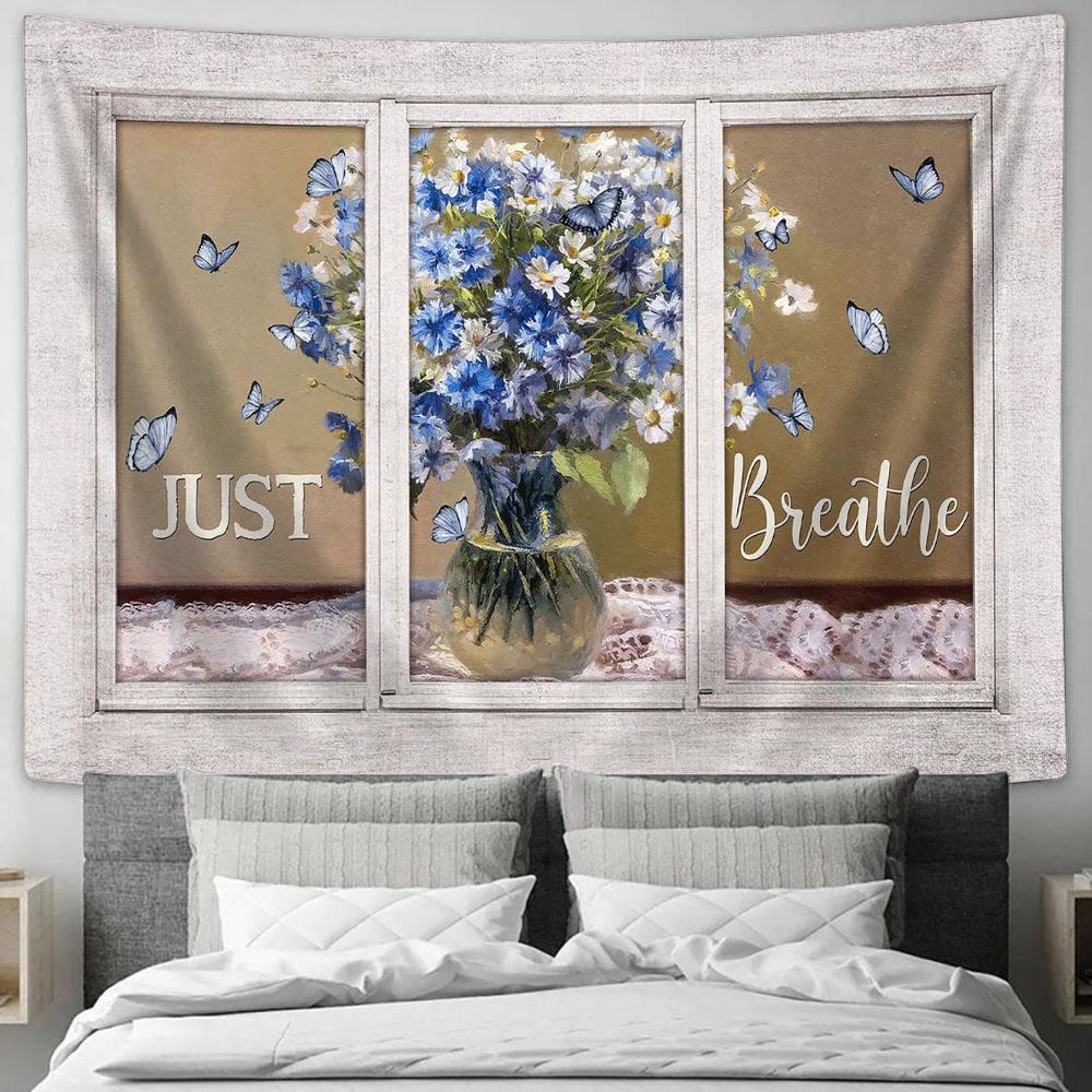 Just Breathe Baby Flower Vase Butterfly Tapestry Wall Art - Bible Verse Tapestry - Religious Tapestry Wall Hanging