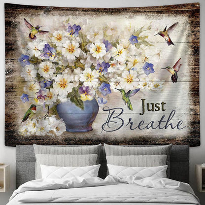 Just Breathe Bacopa Plant Hummingbirds Tapestry Wall Art - Bible Verse Tapestry - Religious Tapestry Wall Hanging