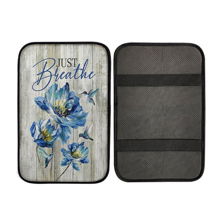 Just Breathe Blue Chrysanthemum Flower Hummingbird Car Center Console Cover, God Car Armrest Accessories