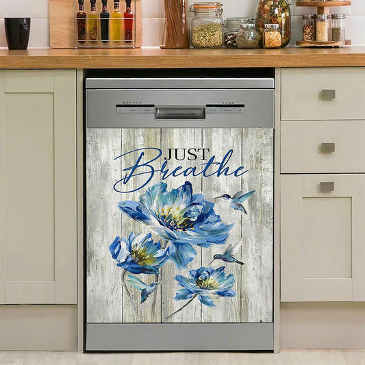 Just Breathe Blue Chrysanthemum Flower Hummingbird Dishwasher Cover, Bible Verse Dishwasher Wrap, Inspirational Kitchen Decoration