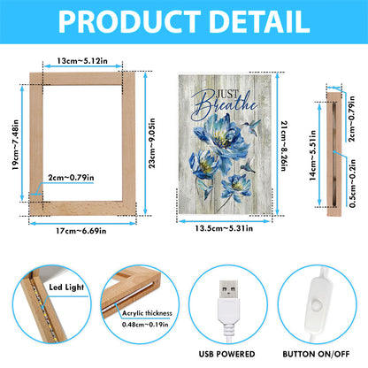 Just Breathe Blue Chrysanthemum Flower Hummingbird Frame Lamp Art - Bible Verse Wooden Lamp - Inspirational Art - Christian Home Decor