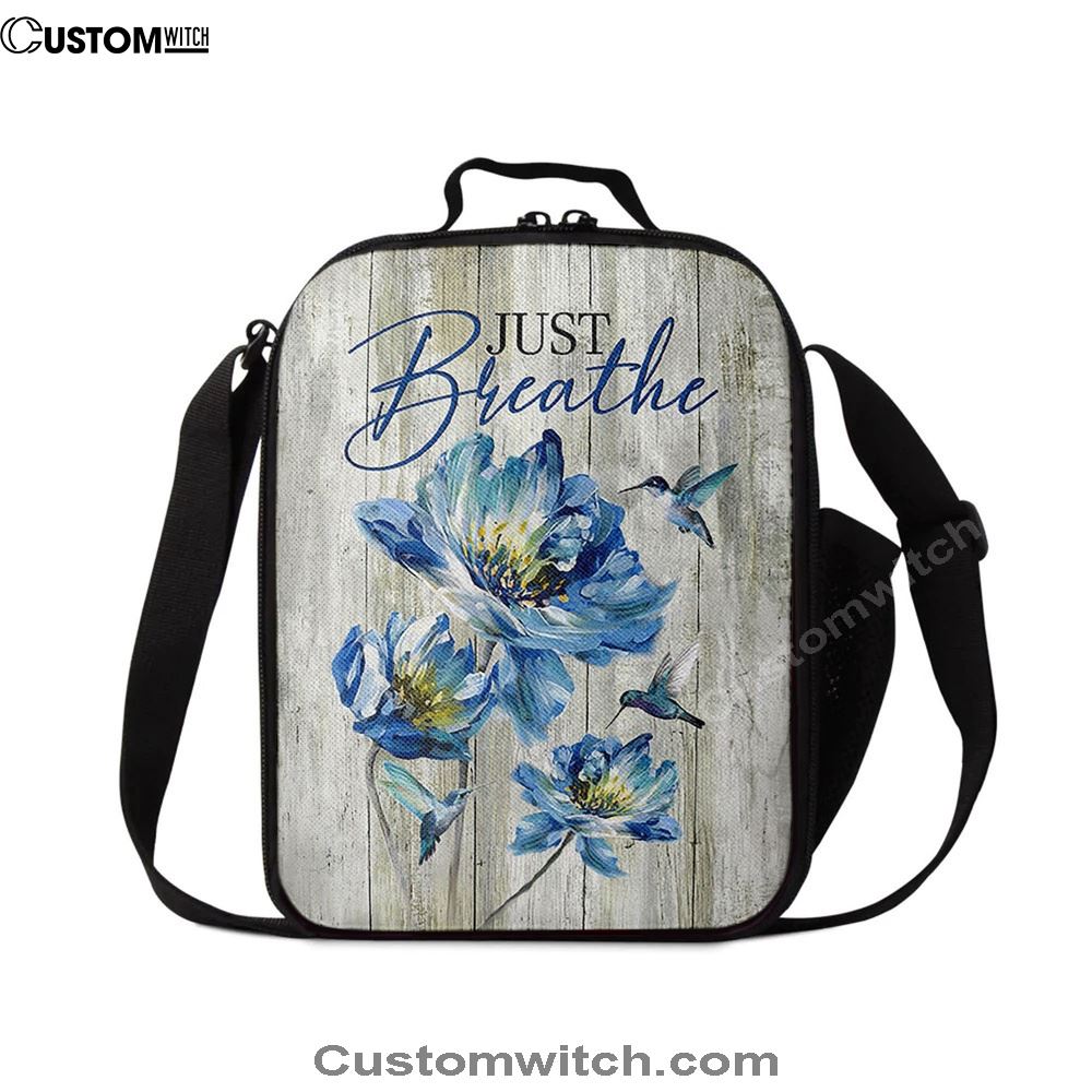 Just Breathe Blue Chrysanthemum Flower Hummingbird Lunch Bag, Christian Lunch Box For School, Picnic