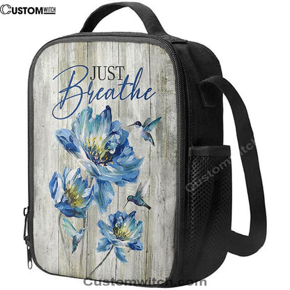 Just Breathe Blue Chrysanthemum Flower Hummingbird Lunch Bag, Christian Lunch Box For School, Picnic