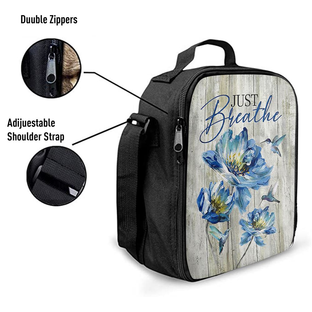 Just Breathe Blue Chrysanthemum Flower Hummingbird Lunch Bag, Christian Lunch Box For School, Picnic