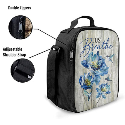 Just Breathe Blue Chrysanthemum Flower Hummingbird Lunch Bag, Christian Lunch Box For School, Picnic