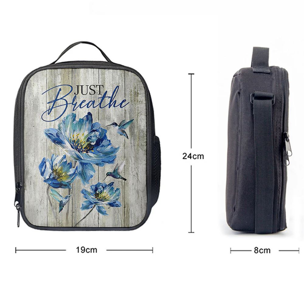 Just Breathe Blue Chrysanthemum Flower Hummingbird Lunch Bag, Christian Lunch Box For School, Picnic