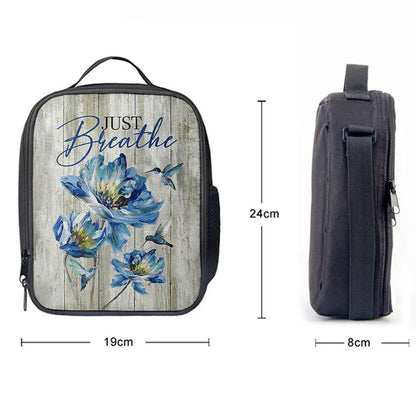 Just Breathe Blue Chrysanthemum Flower Hummingbird Lunch Bag, Christian Lunch Box For School, Picnic
