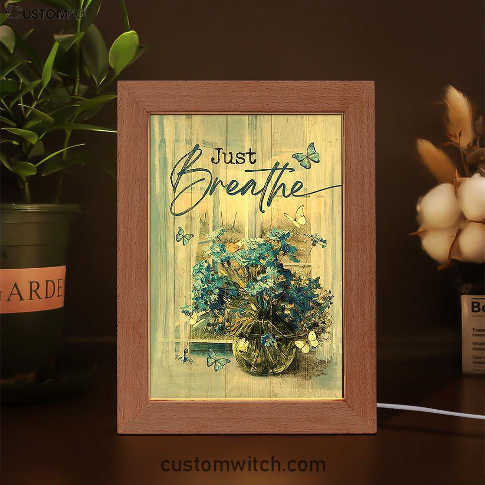 Just Breathe Blue Daisy Butterfly Frame Lamp - Christian Art - Religious Home Decor