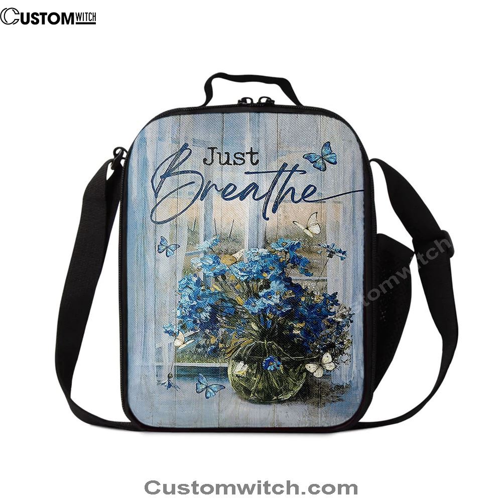 Just Breathe Blue Daisy Butterfly Lunch Bag, Christian Lunch Box For School, Picnic