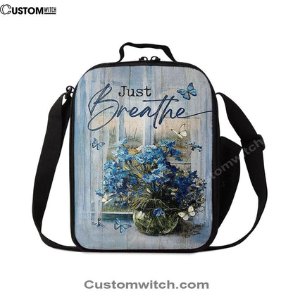Just Breathe Blue Daisy Butterfly Lunch Bag, Christian Lunch Box For School, Picnic