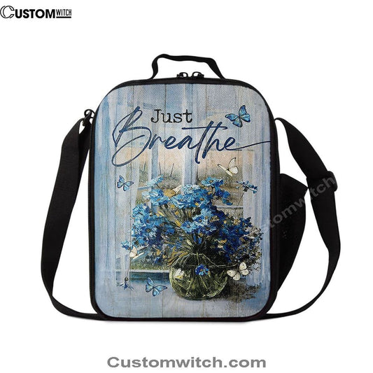 Just Breathe Blue Daisy Butterfly Lunch Bag, Christian Lunch Box For School, Picnic