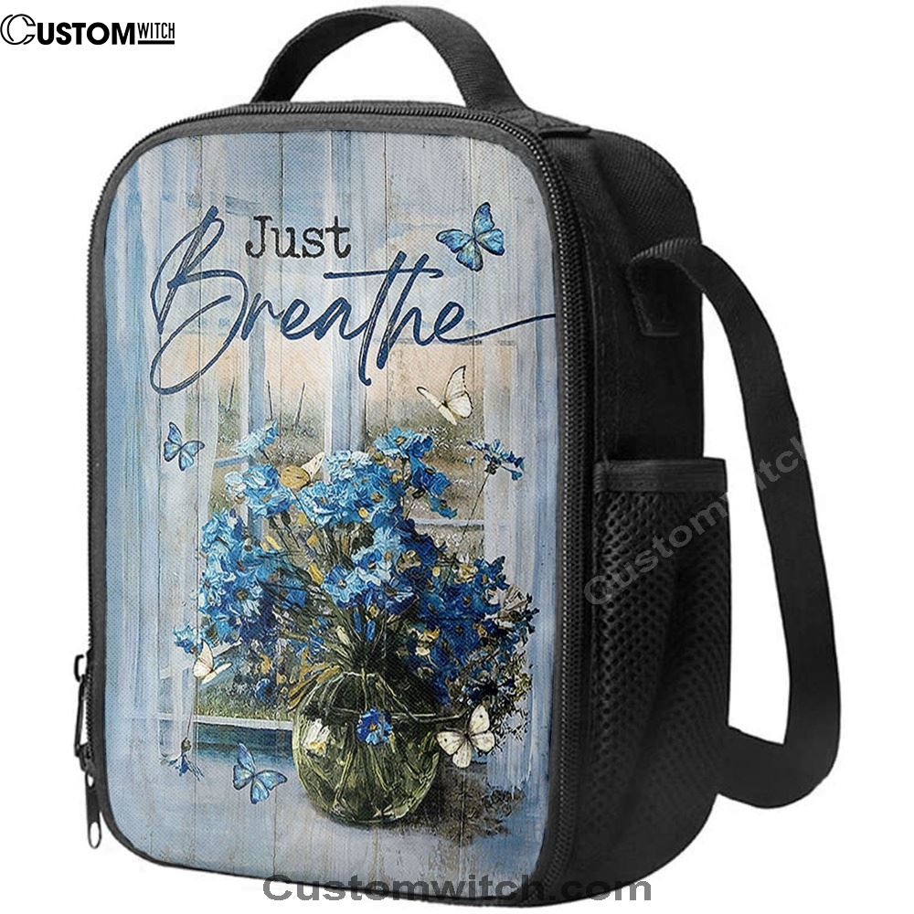 Just Breathe Blue Daisy Butterfly Lunch Bag, Christian Lunch Box For School, Picnic