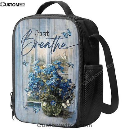 Just Breathe Blue Daisy Butterfly Lunch Bag, Christian Lunch Box For School, Picnic