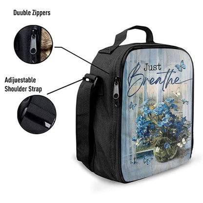 Just Breathe Blue Daisy Butterfly Lunch Bag, Christian Lunch Box For School, Picnic