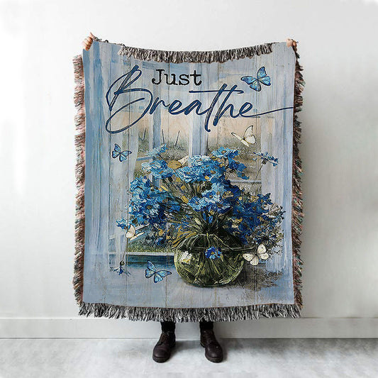 Just Breathe Blue Daisy Butterfly Woven Blanket - Christian Throw Blanket - Religious Home Decor