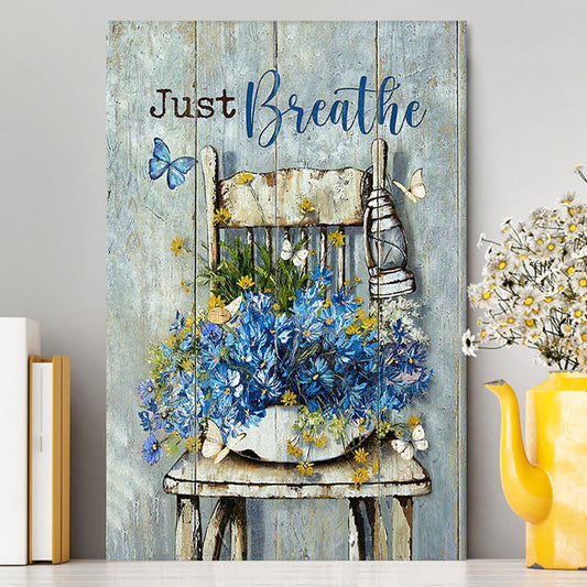 Just Breathe Blue Daisy Vase White Butterfly Canvas Wall Art - Bible Verse Canvas Art - Inspirational Art - Christian Home Decor