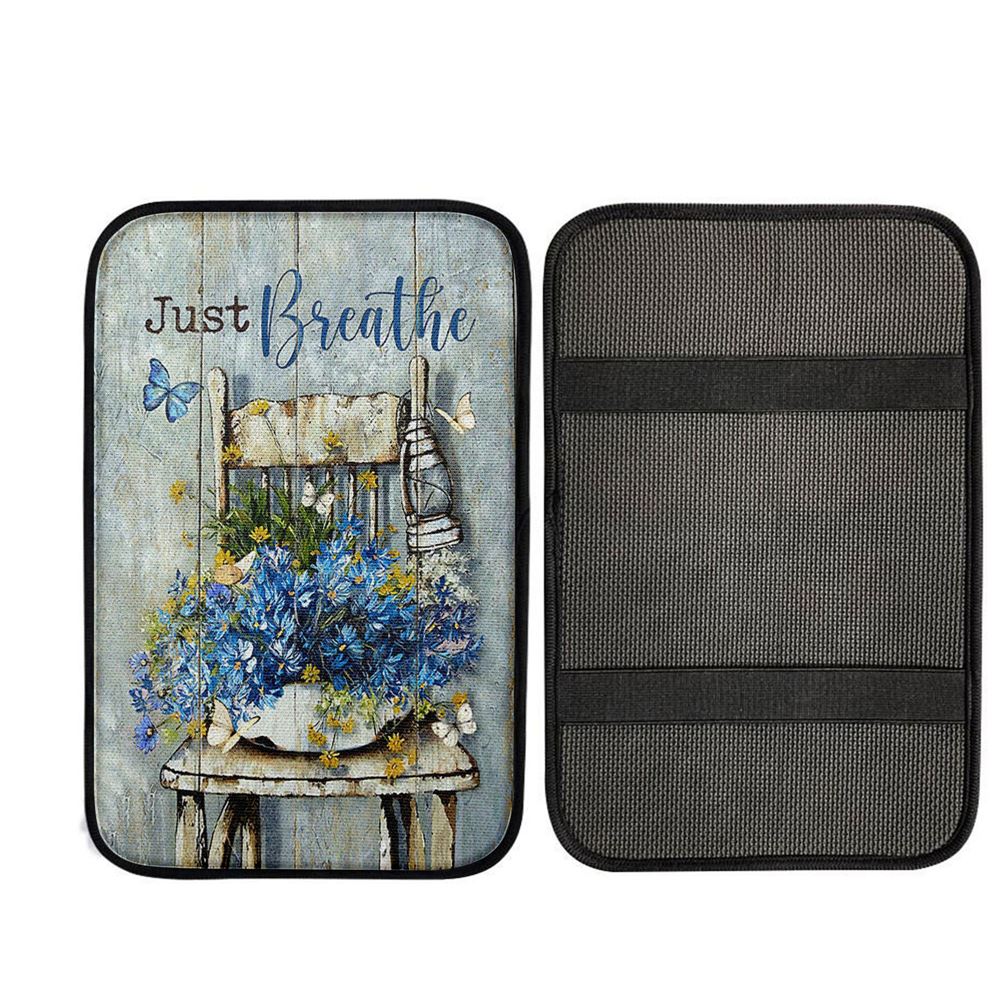 Just Breathe Blue Daisy Vase White Butterfly Car Center Console Cover, Christian Car Armrest Accessories