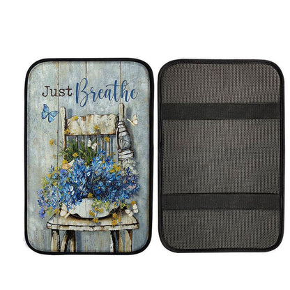 Just Breathe Blue Daisy Vase White Butterfly Car Center Console Cover, Christian Car Armrest Accessories