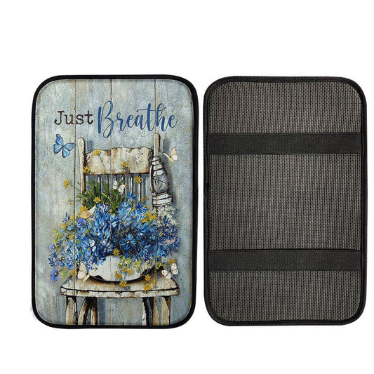 Just Breathe Blue Daisy Vase White Butterfly Car Center Console Cover, Christian Car Armrest Accessories