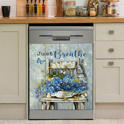 Just Breathe Blue Daisy Vase White Butterfly Dishwasher Cover, Bible Verse Dishwasher Wrap, Inspirational Kitchen Decoration