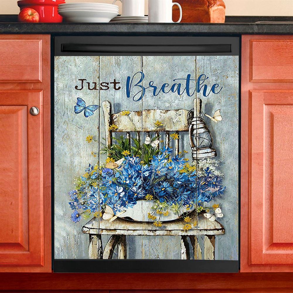 Just Breathe Blue Daisy Vase White Butterfly Dishwasher Cover, Bible Verse Dishwasher Wrap, Inspirational Kitchen Decoration