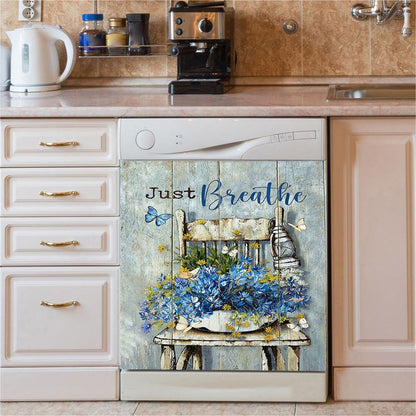 Just Breathe Blue Daisy Vase White Butterfly Dishwasher Cover, Bible Verse Dishwasher Wrap, Inspirational Kitchen Decoration