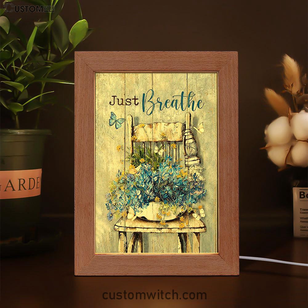 Just Breathe Blue Daisy Vase White Butterfly Frame Lamp Art - Bible Verse Wooden Lamp - Inspirational Art - Christian Home Decor