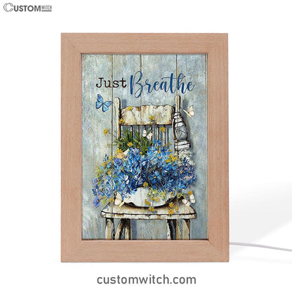 Just Breathe Blue Daisy Vase White Butterfly Frame Lamp Art - Bible Verse Wooden Lamp - Inspirational Art - Christian Home Decor