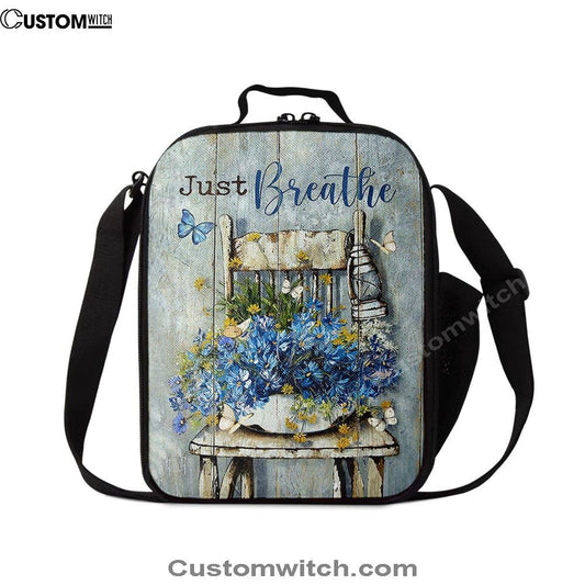 Just Breathe Blue Daisy Vase White Butterfly Lunch Bag, Christian Lunch Box For School, Picnic