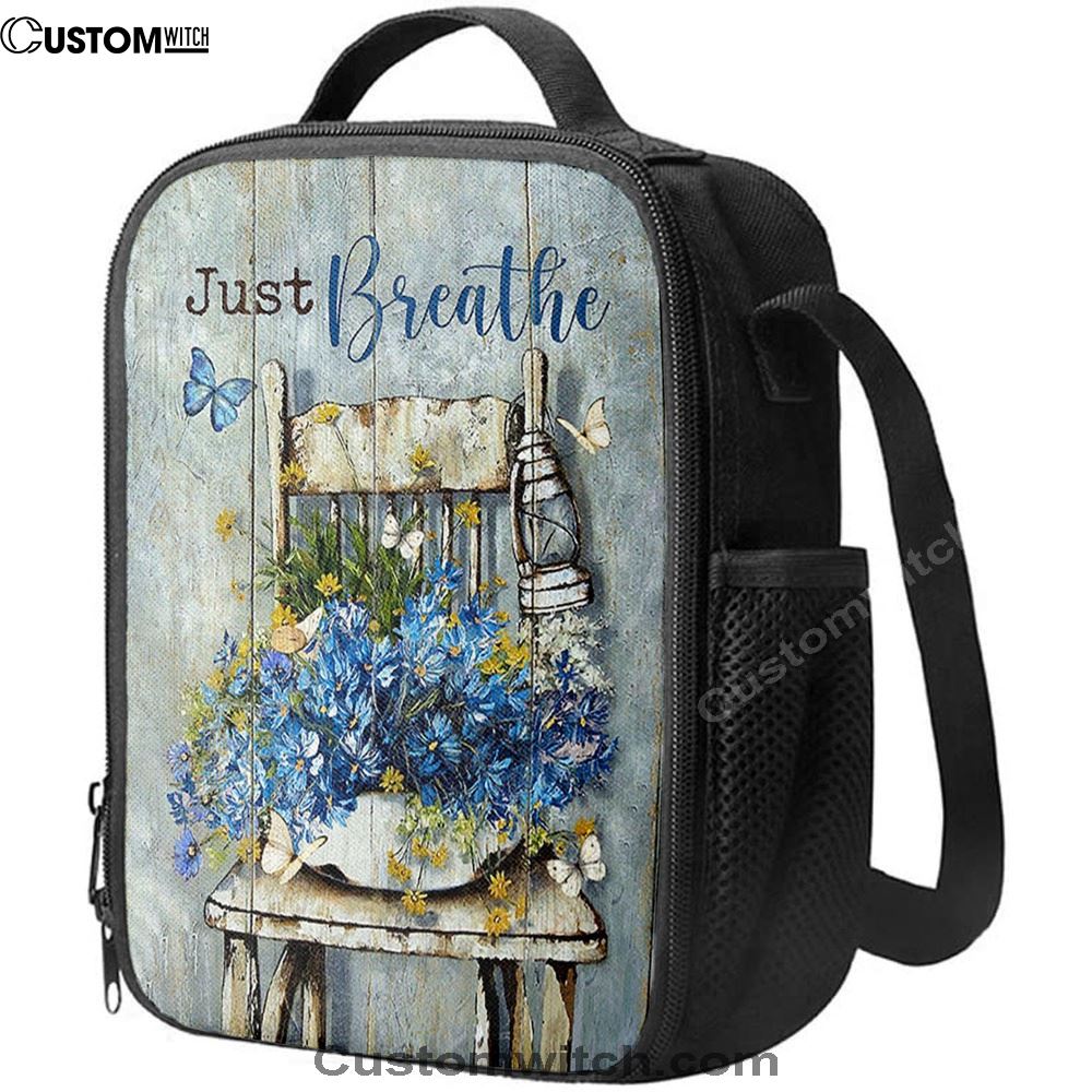 Just Breathe Blue Daisy Vase White Butterfly Lunch Bag, Christian Lunch Box For School, Picnic