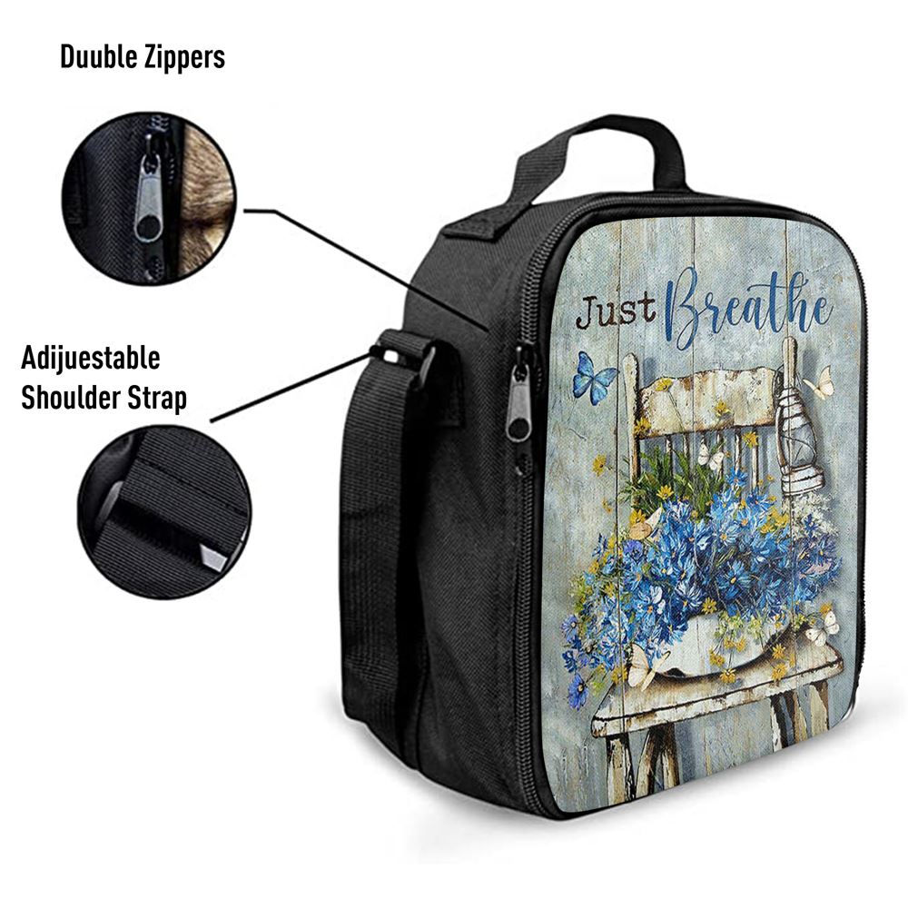 Just Breathe Blue Daisy Vase White Butterfly Lunch Bag, Christian Lunch Box For School, Picnic
