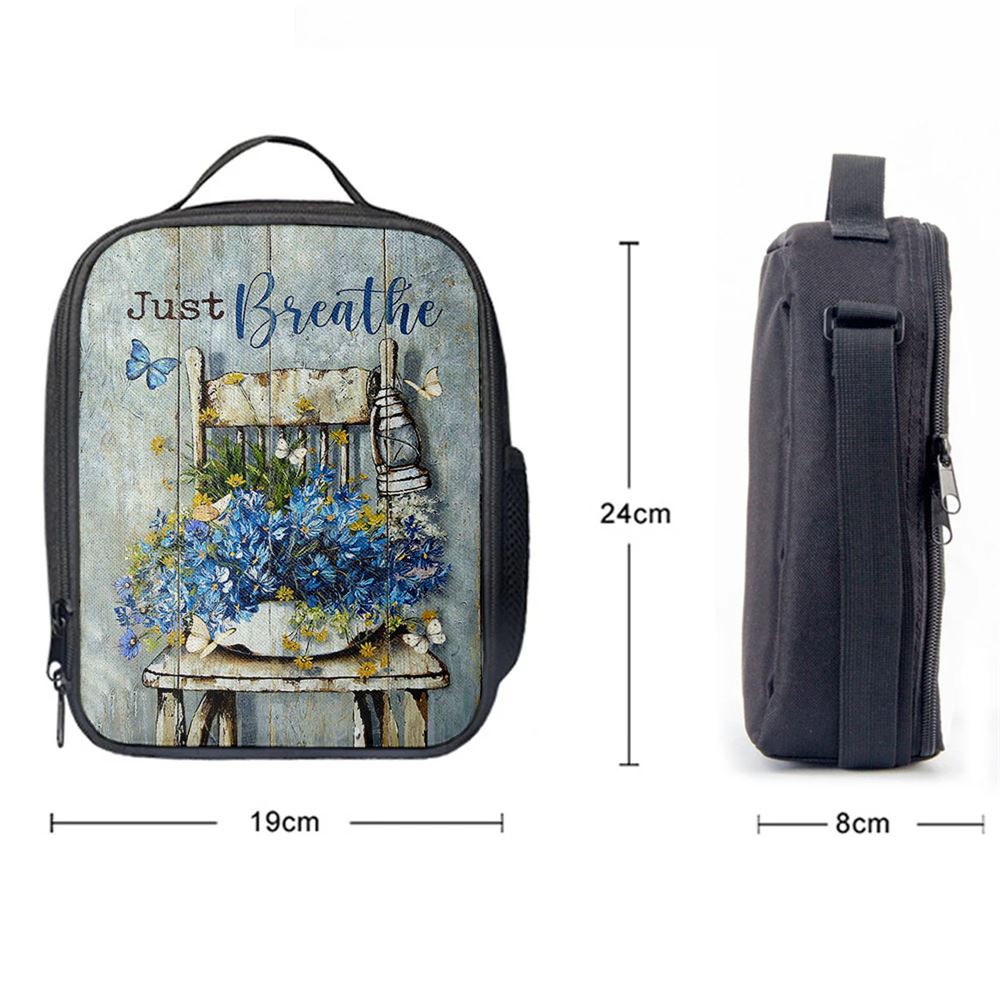 Just Breathe Blue Daisy Vase White Butterfly Lunch Bag, Christian Lunch Box For School, Picnic