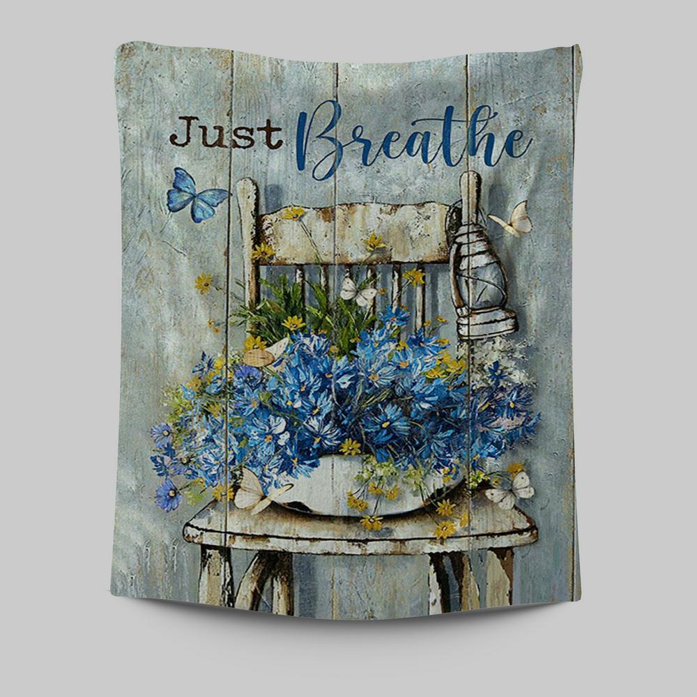 Just Breathe Blue Daisy Vase White Butterfly Tapestry Wall Art - Bible Verse Tapestry Art - Inspirational Art -  Christian Indoor Wall Tapestries