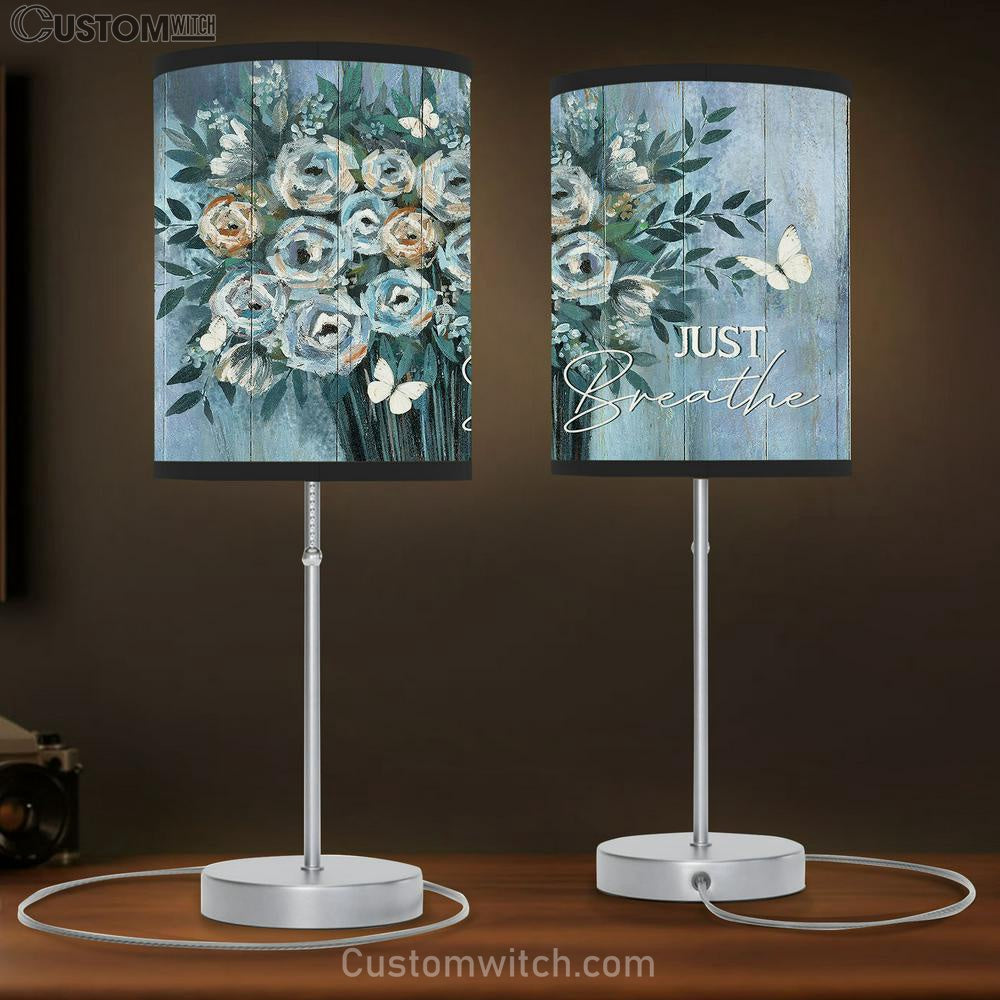 Just Breathe Blue Flower Vase White Butterfly Table Lamb Gift - Bible Verse Table Lamb - Religious Bedroom Decor