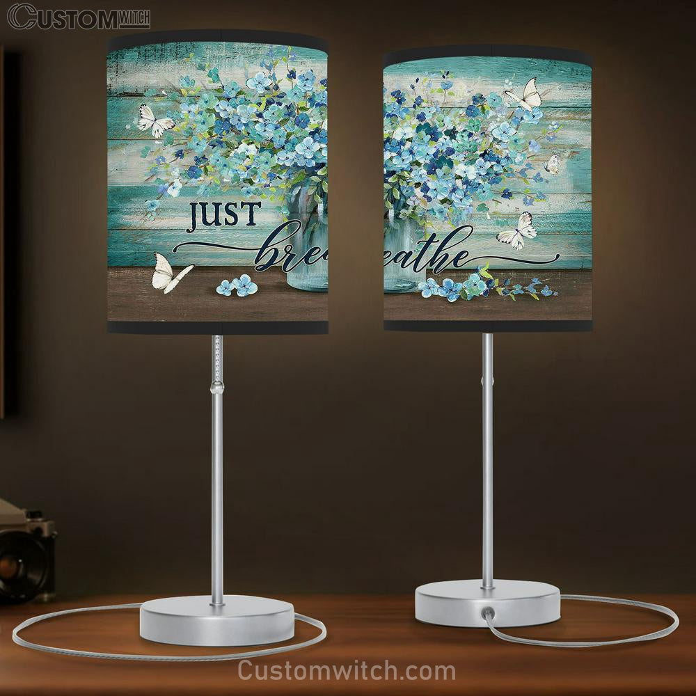 Just Breathe Blue Flower White Butterfly Table Lamb Gift - Bible Verse Table Lamb - Religious Bedroom Decor