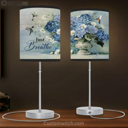 Just Breathe Blue Hydrangea Daisy Flower Green Hummingbirds Table Lamb Gift - Bible Verse Table Lamb - Religious Bedroom Decor