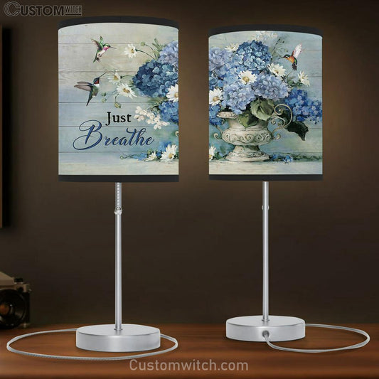 Just Breathe Blue Hydrangea Daisy Flower Green Hummingbirds Table Lamb Gift - Bible Verse Table Lamb - Religious Bedroom Decor