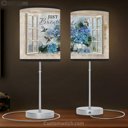 Just Breathe Blue Hydrangea Green Hummingbird Window Frame Table Lamb Gift - Bible Verse Table Lamb - Religious Bedroom Decor