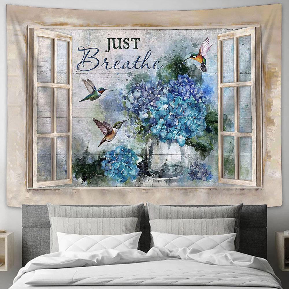 Just Breathe Blue Hydrangea Green Hummingbird Window Frame Tapestry Wall Art - Bible Verse Tapestry - Religious Tapestry Wall Hanging
