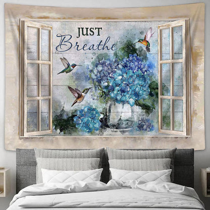 Just Breathe Blue Hydrangea Green Hummingbird Window Frame Tapestry Wall Art - Bible Verse Tapestry - Religious Tapestry Wall Hanging