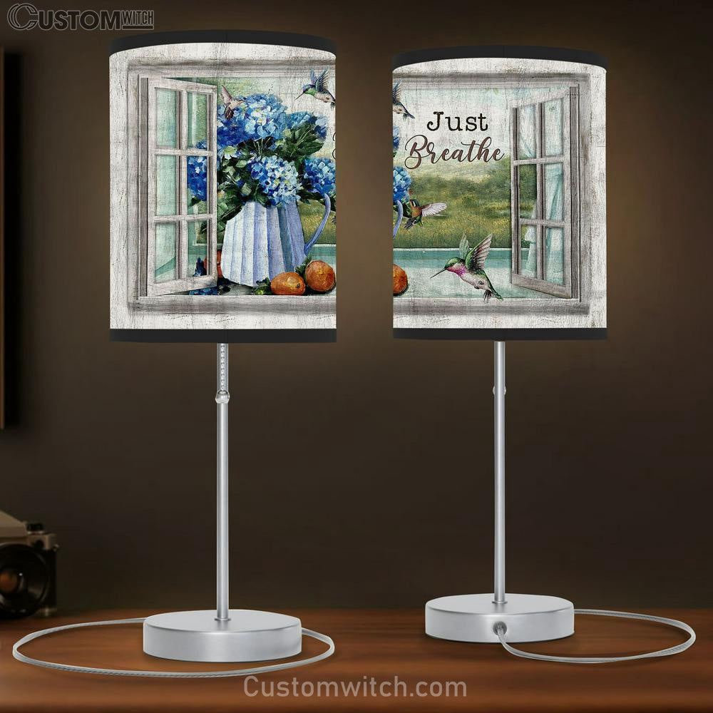 Just Breathe Blue Hydrangea Hummingbird Table Lamb Gift - Bible Verse Table Lamb - Religious Bedroom Decor