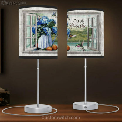 Just Breathe Blue Hydrangea Hummingbird Table Lamb Gift - Bible Verse Table Lamb - Religious Bedroom Decor