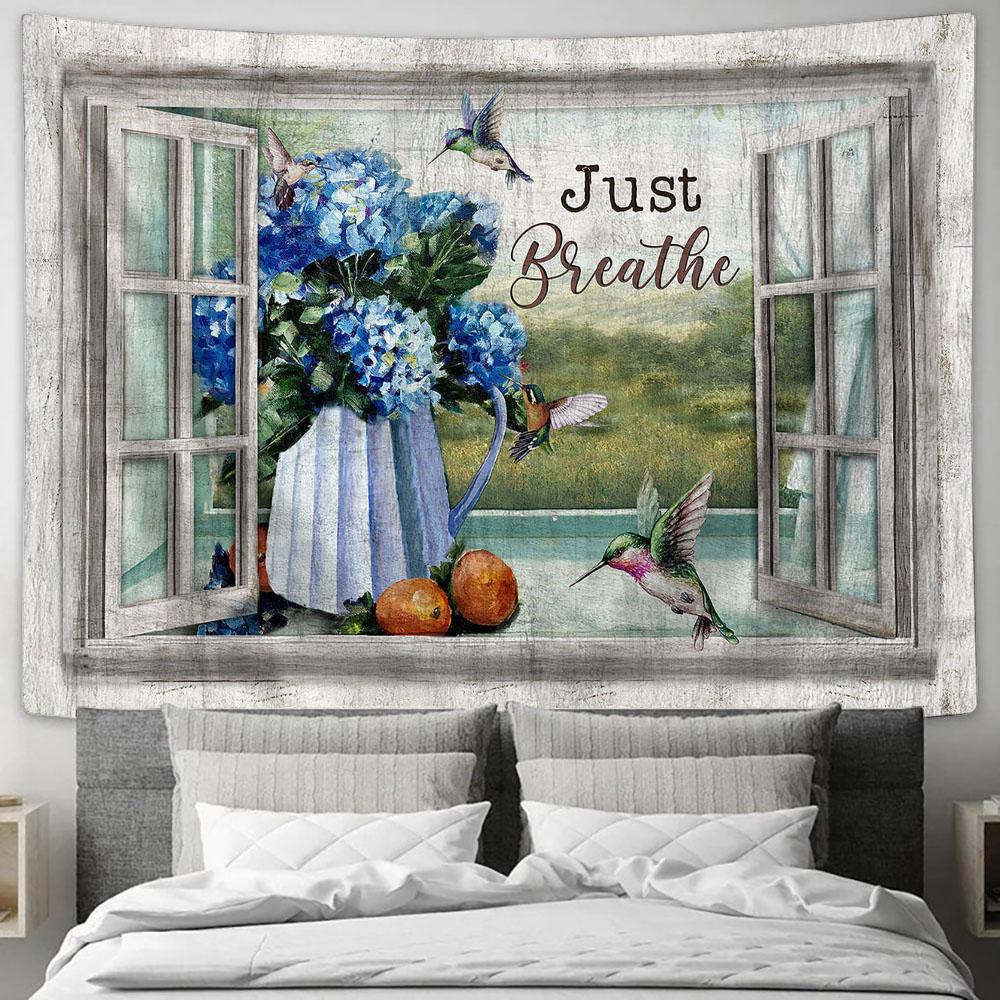 Just Breathe Blue Hydrangea Hummingbird Tapestry Wall Art - Bible Verse Tapestry - Religious Tapestry Wall Hanging